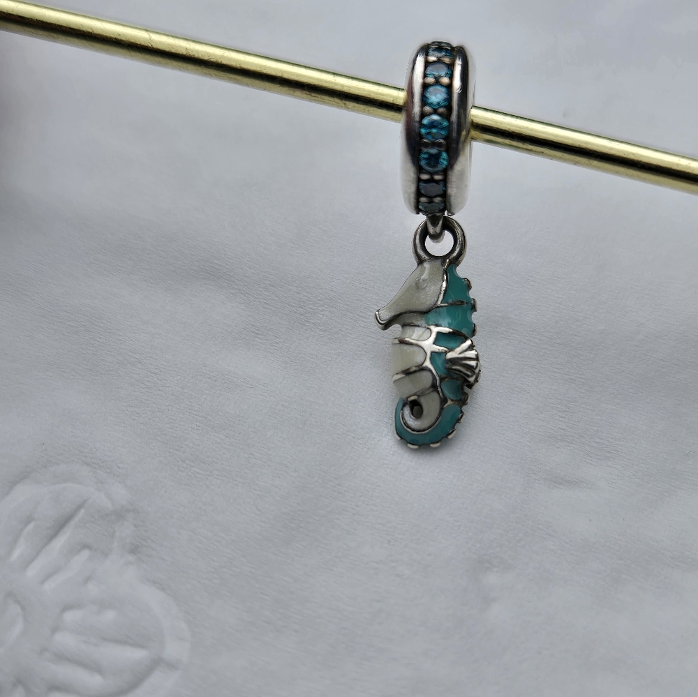 Pandora Teal and Silver Seahorse Dangle Charm, like new